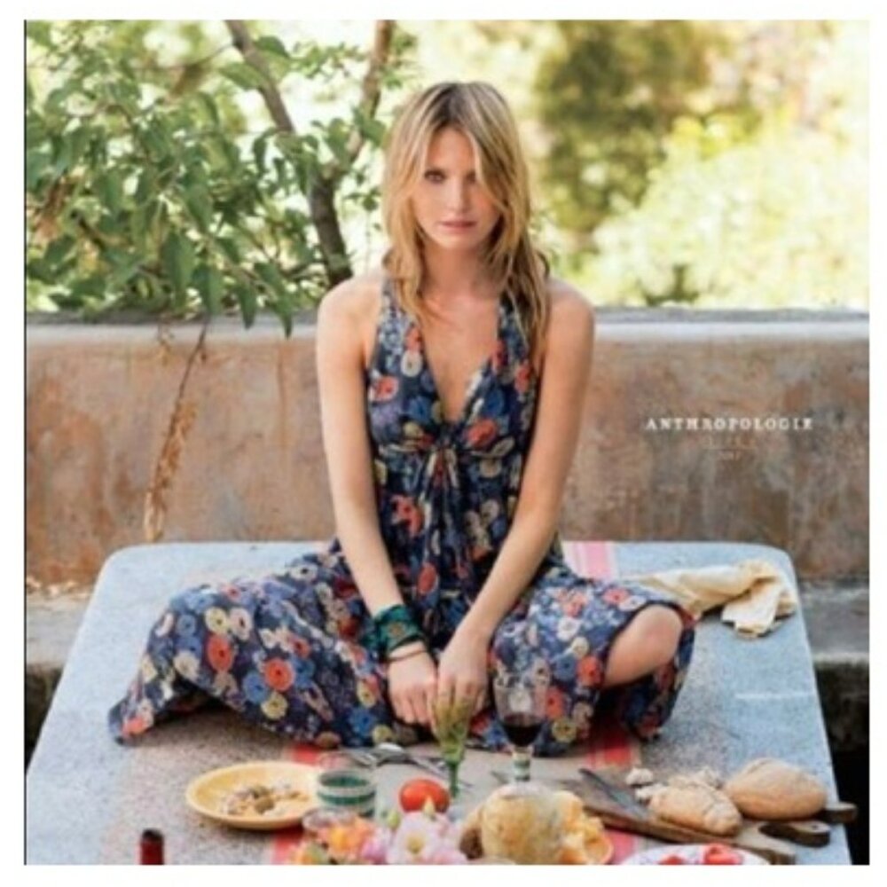 Anthropologie Navy Lil Mementos Floral Maxi Halter Dress Sz 6